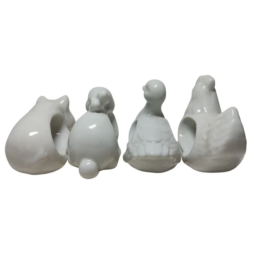 Vintage Animal Napkin Rings‎ White Porcelain Japan Duck Chicken Rabbit Pig Set